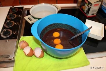 Beat about 3 medium-sized eggs into the mixture