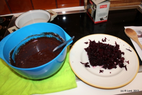 Throw in the grated beetroot, and stir until just mixed